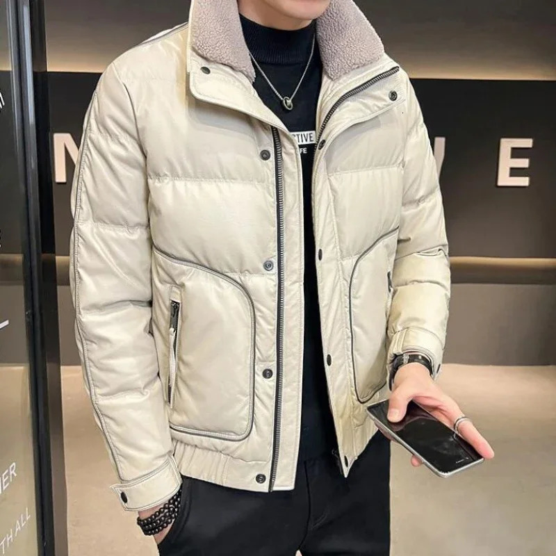 Lapel Short Thicken Warm Large Size Outwear Business Casual Solid Color Outcoat Winter Men Leather Down Jacket Male Fashion 250109Z