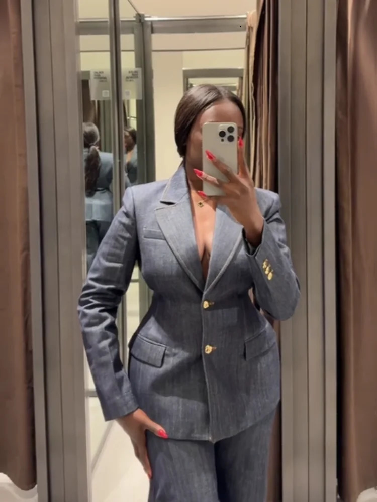 Fashion Denim Blazer Jacket Vest Jeans Sets Women 3 Pieces Notched Button Up Coat Street Vest Wide Leg Pants Blue Lady Suits 250210