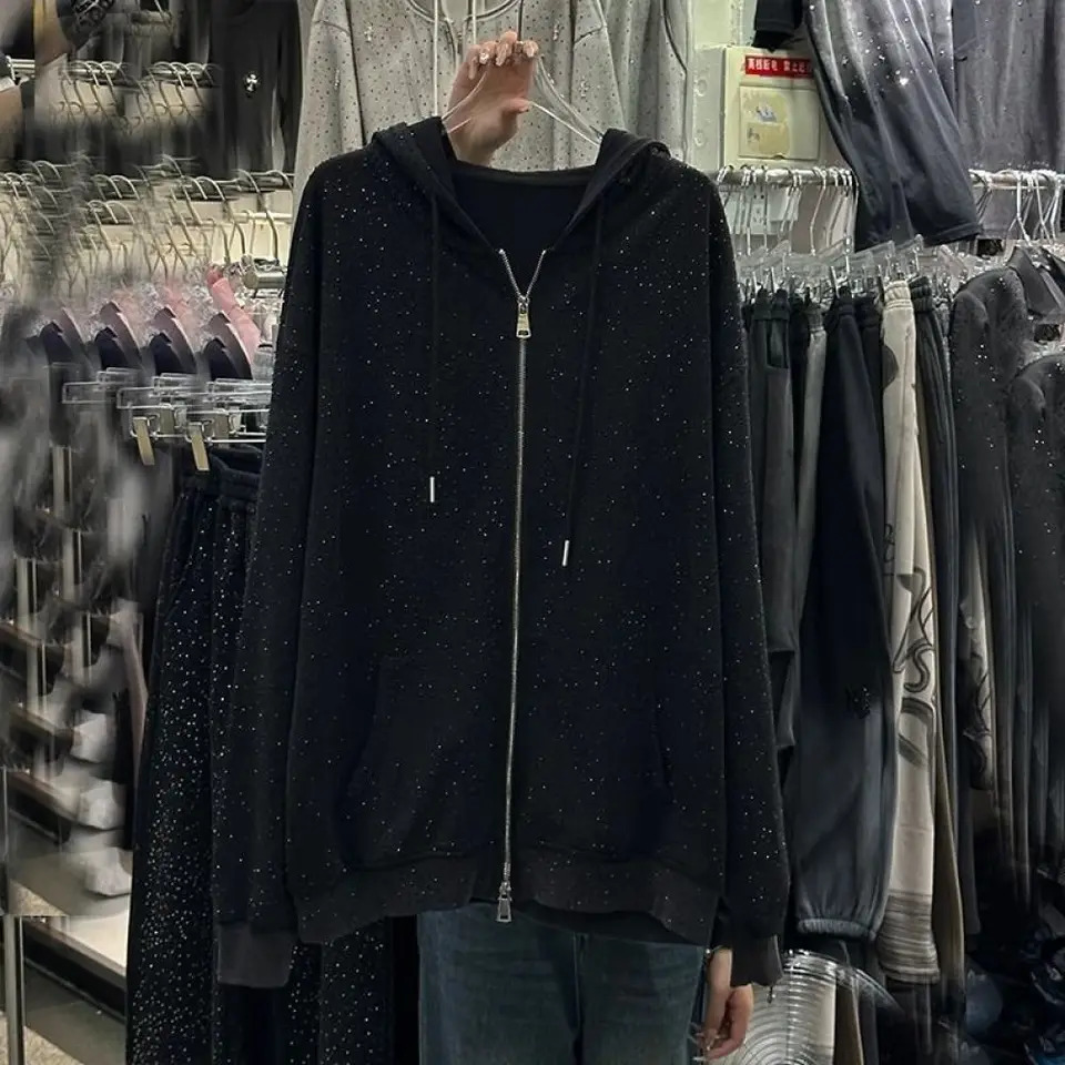 150kg Plus Size L4XL Women Zipup Hoodies Diamond Stamping Long Sleeve Female Hooded Jackets Springautumn Cardigan 250210