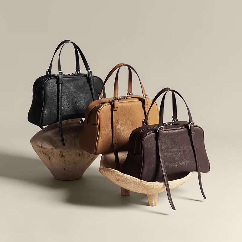Women's Bags Women's tanned leather, leisurely bowling bag, high-end feeling, commuting large capacity, hand-held single shoulder bag