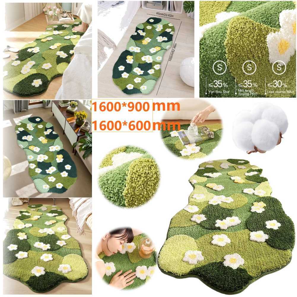 Green Forest Irregular Floor Mat Fluffy Moss Green Carpet Three-Dimensional Flocking Bedroom Rug Flocked Green Plush Bedroom Rug Y250210