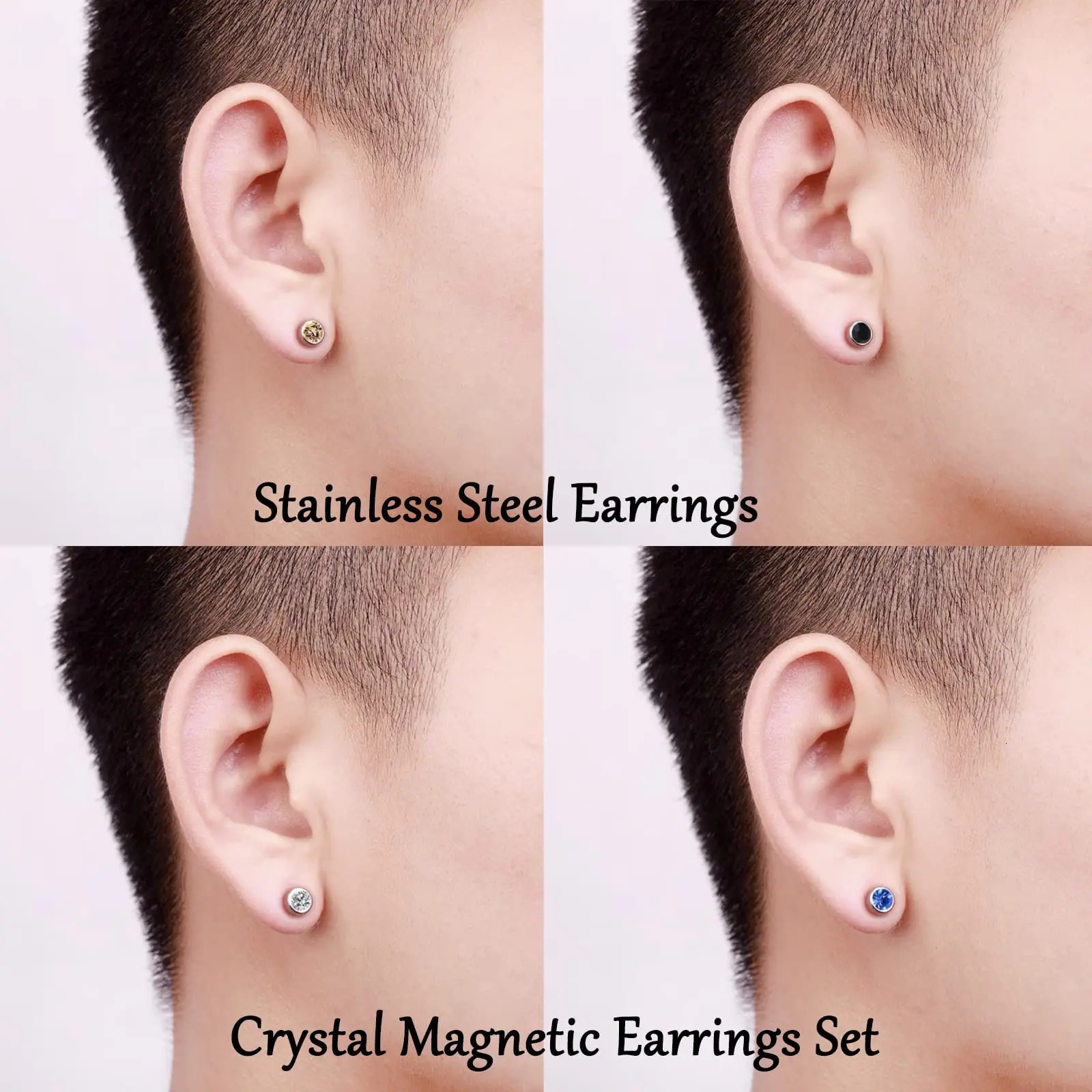 4-12 Pairs Stainless Steel Magnetic Cubic Zirconia Stud Earrings Clip on Non Piercing Hoop Earrings Set for Men Women 250210
