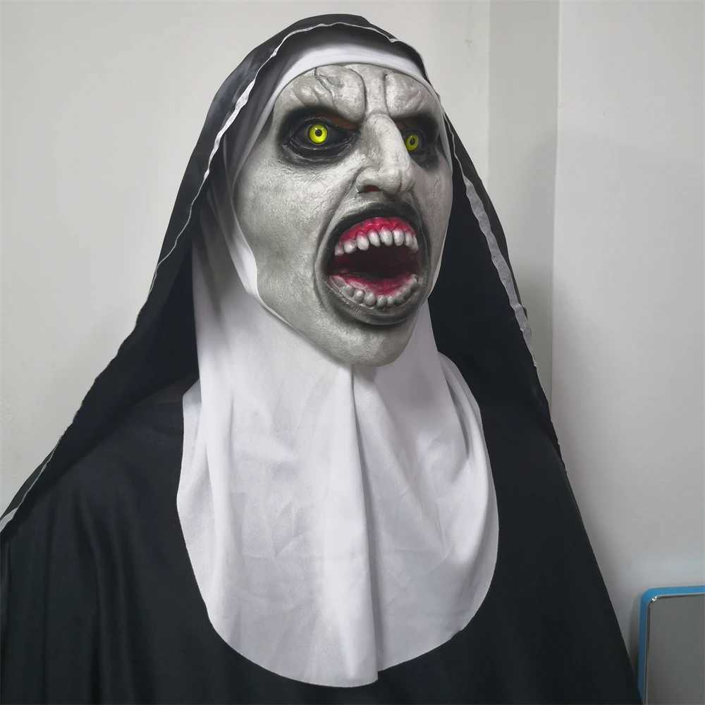 Horror Scary The Nun Latex Mask With Turban Valak Cosplay Halloween Costume Face Masques Prank Prop gear Christmas Gifts Y250210