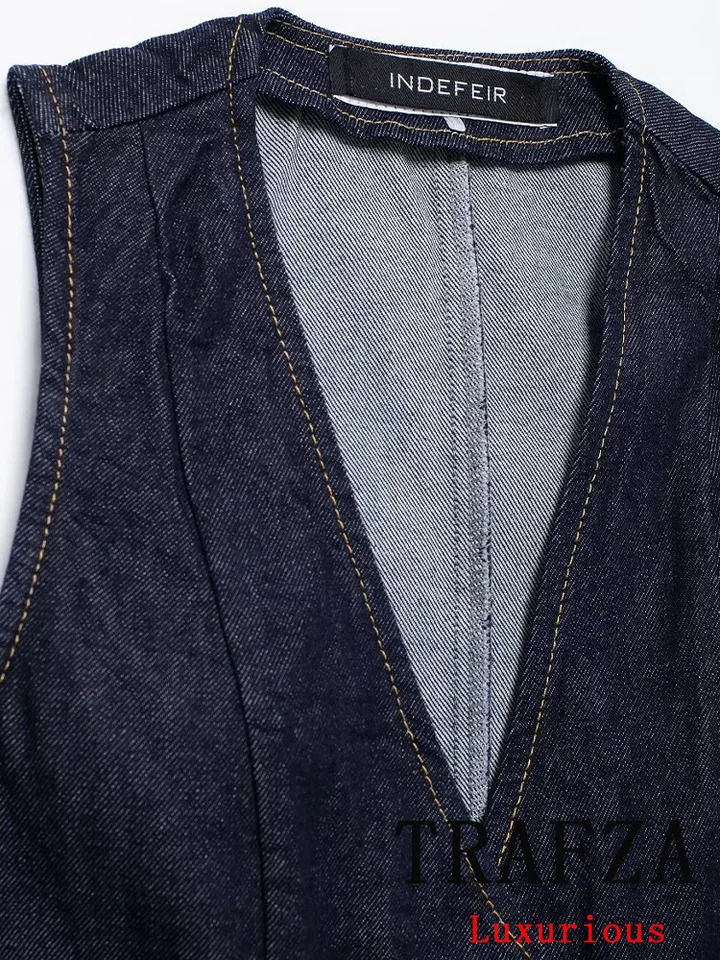 TRAFZA Vintage Office Lady Solid Denim Women Suit V-Neck Single Breasted Vest Straight Loose Pants Fashion Autumn Sets 250210