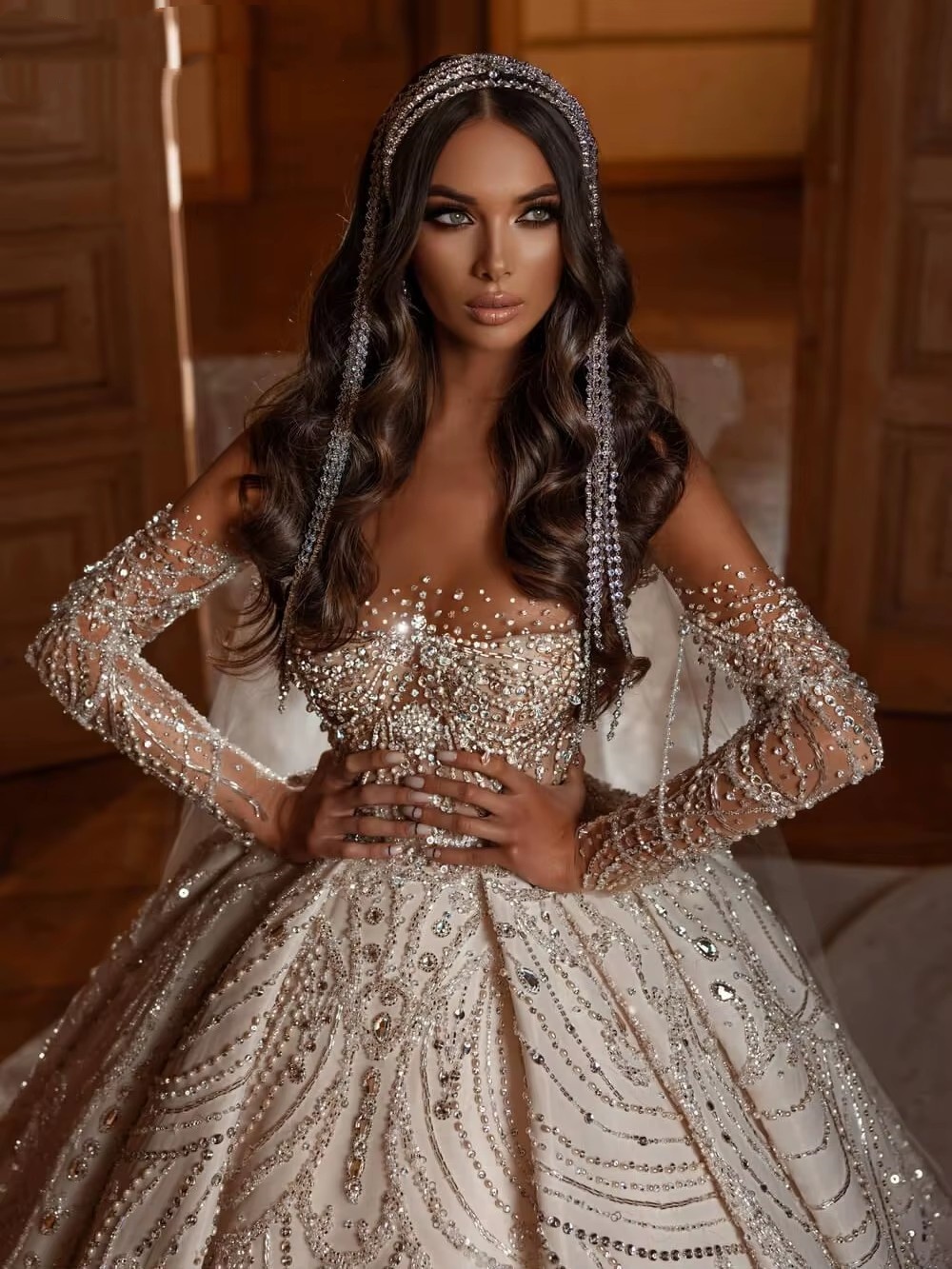 Gorgeous Women Wedding Sheer Neck Long Sleeves Bridal Gowns Crystal Pearls Sequins Sweep Train Dress Custom Made vestidos de novia