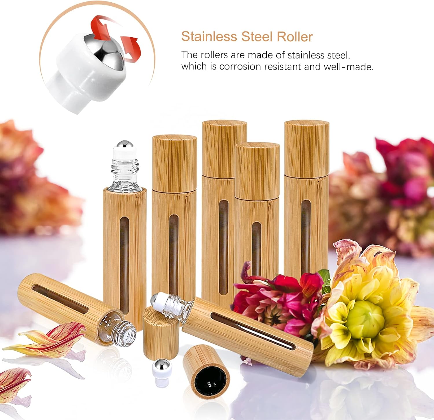 5ml 10ml Roll on Bottles with Bamboo Shell Portable Refillable Perfume Bottle with Stainless Steel Ball for Essential Oils