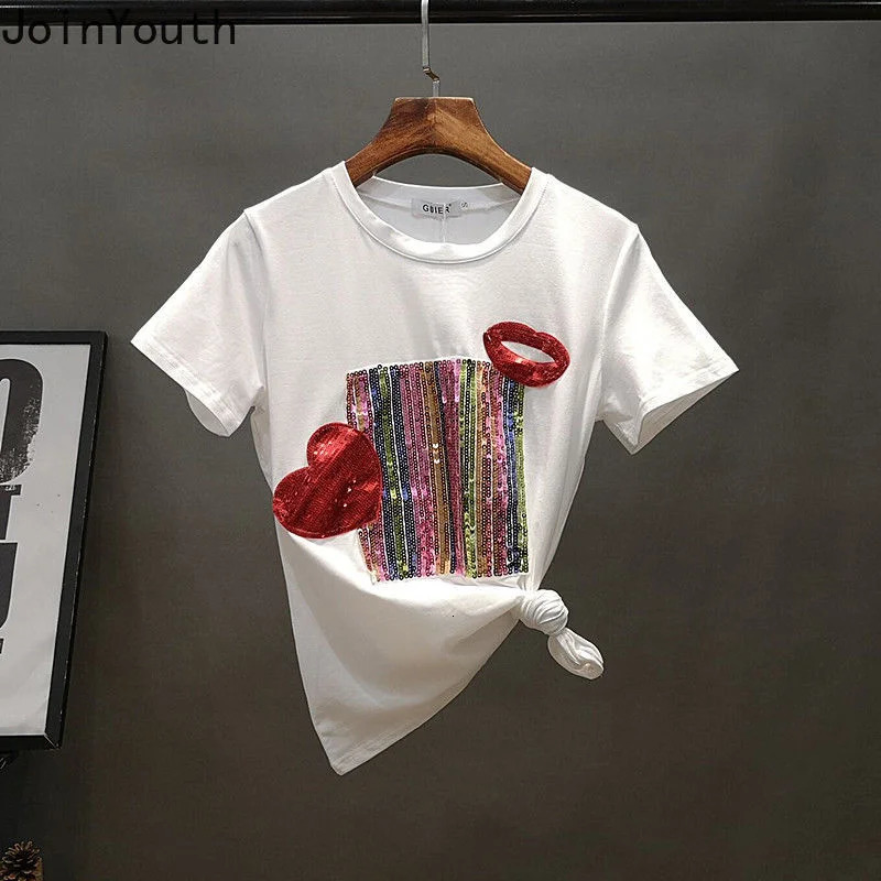 Joinyouth Fashion Sets Chic Sequins White Tshirt High Waist Ripped Jeans Suit Roupas Femme Korean Pants 2 Piece Set Women 250210