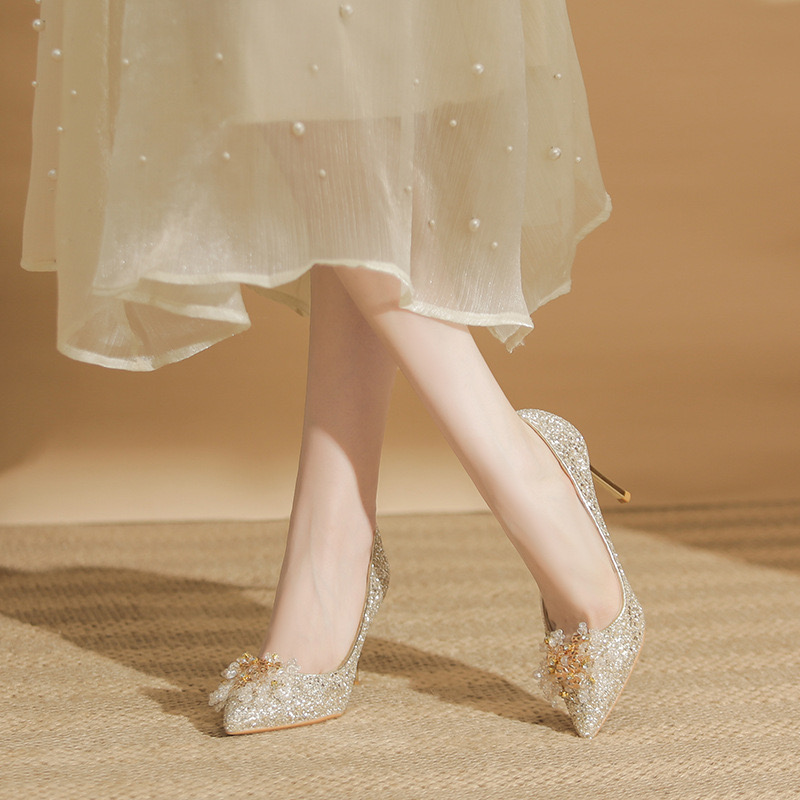 Dress Shoes 2023 wedding shoe New bridesmaids pointed toe stiletto single shoes champagne sequined heels 230823