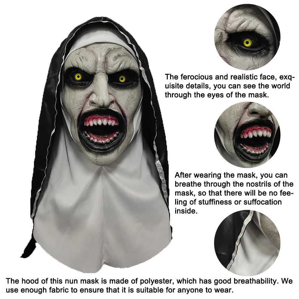 Horror Scary The Nun Latex Mask With Turban Valak Cosplay Halloween Costume Face Masques Prank Prop gear Christmas Gifts Y250210