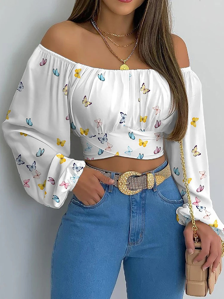 Womens Sexy Off Shoulder Blouse Chic and Elegant Printing Lantern Long Sleeve Lace Up Bow Cropped Tops Casual Slim Shirts 2024 250208Z