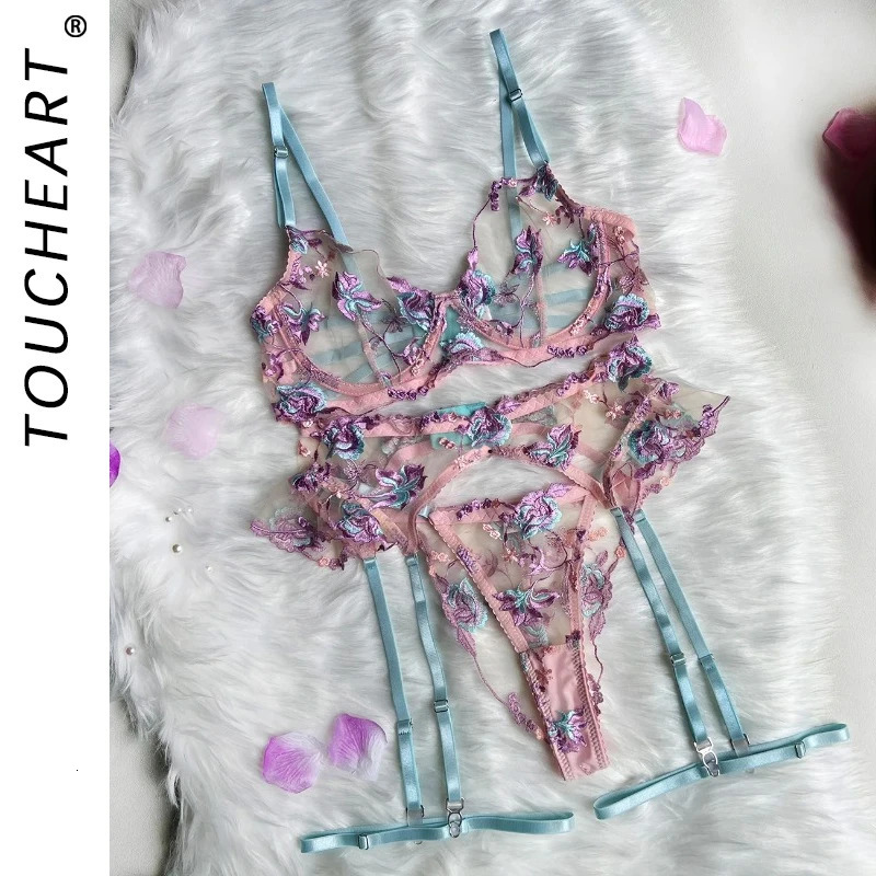 Toucheart Fairy Lingerie Floral Transparent Underwear Embroidery Splicing Strap Sexy Lingerie Outfits Women Ruffle Garter Suit 250210