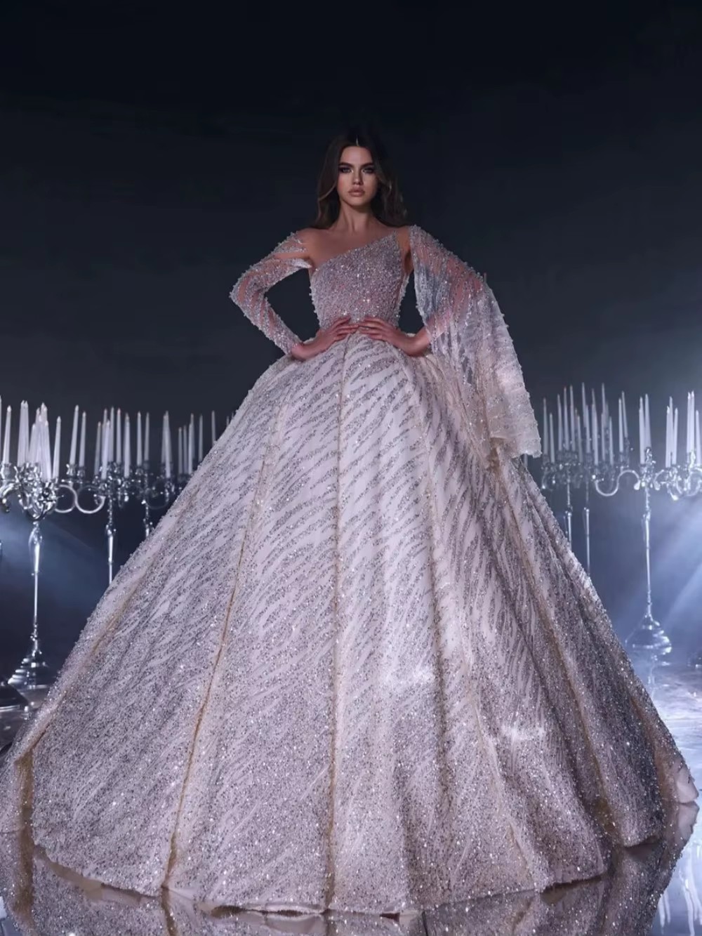 Designer Women Wedding Sheer Neck Long Sleeves Bridal Gowns Sequins Beaded Sweep Train Dress Custom Made vestidos de novia