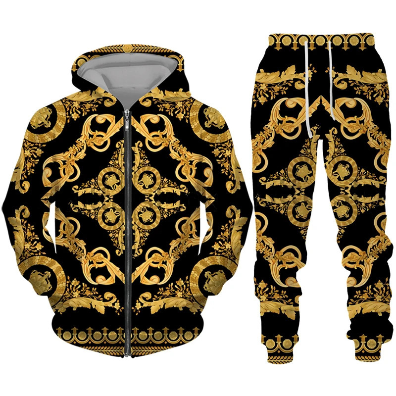 Golden Pattern 3D Print Mens Zipper Tracksuit Set Casual HoodiePants 2pcs Sets Oversized Sweatshirt Fashion Men Clothes 250226