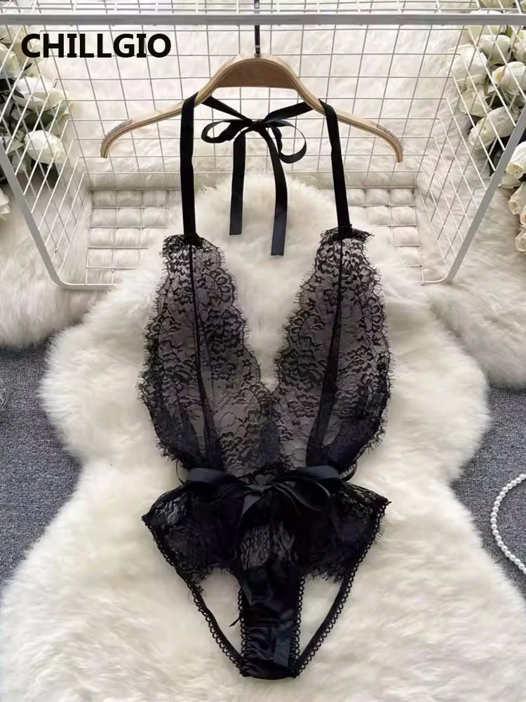 CHILLGIO Women Sexy Floral Lace Strappy Rompers Ins Erotic Combination Bodysuits Lingerie Fashion One Piece Tranparent Catsuits 250210