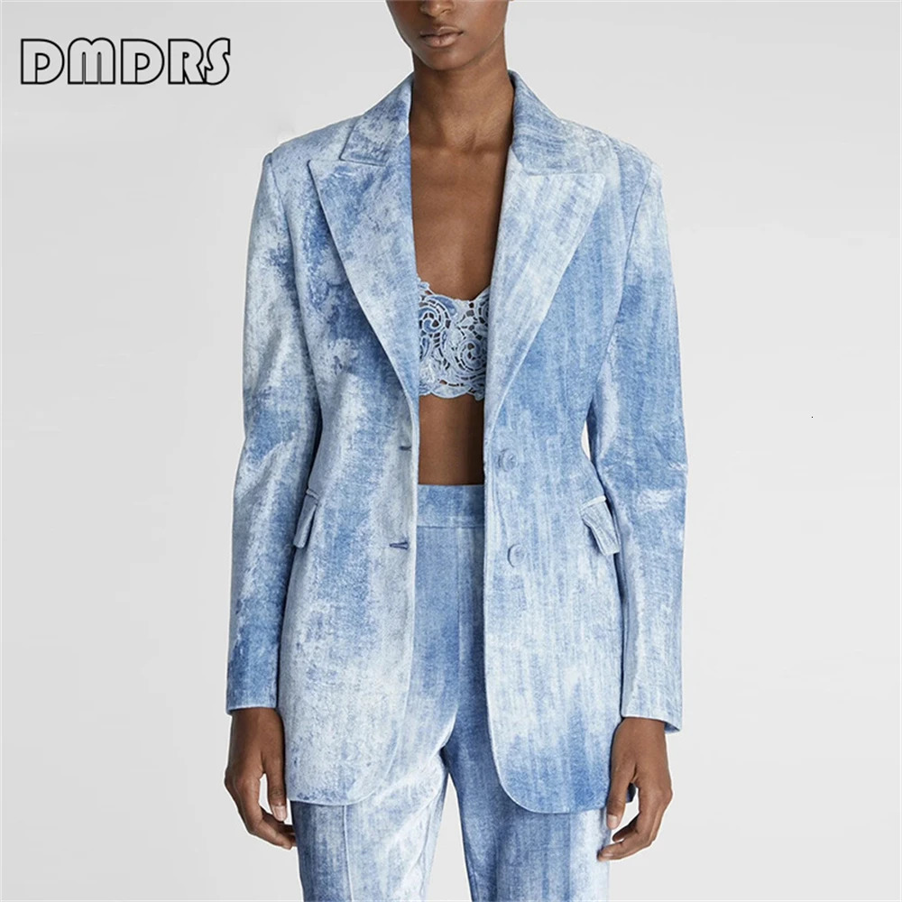 Retro Denim Suit Set for Women 2-Piece Fashion Outfit Blazer Pants Set High Street Plus Size Womens Suit Set Real Po 250210