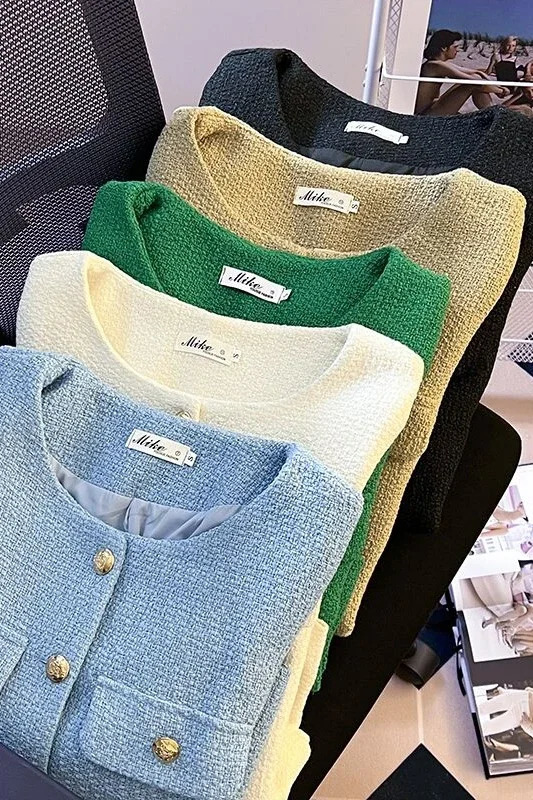 Small Fragrance Tweed Jacket Women French O-neck Long Sleeve Pearl Button Single Breasted Cardigan Short Coat Korean Fashion 250208