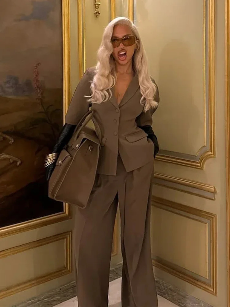 Elegant Womens Blazer Pants Sets Spring Slim Puff Short Sleeve Coat Pleat Wide Leg Trousers Female Suit 2025 Office Lady Set 250210