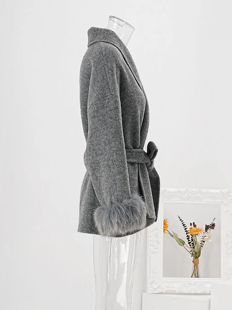 LANMREM Autumn Winter Woolen Coat Women Fashion Feather Spliced Sleeves Belt Gathered Waist Jackets 2024 Clothing CPG1864 250109Z