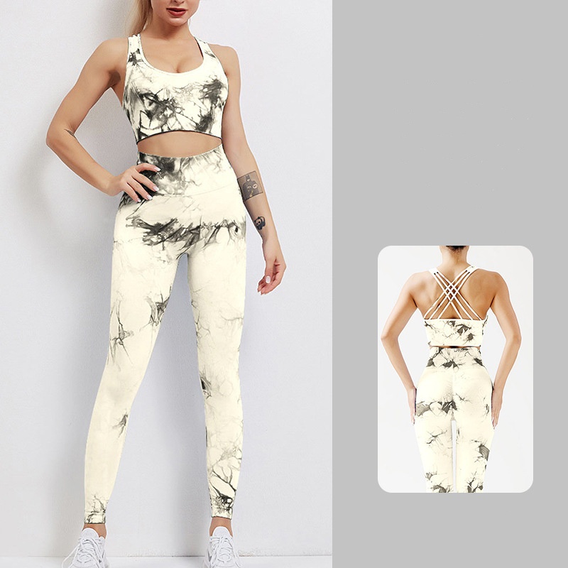 Ladies' European and American Fashion Tie Dyeing Advanced Yoga Set Bra Peach Hip Slimming Casual Pants High Quality Fitness Sportswear