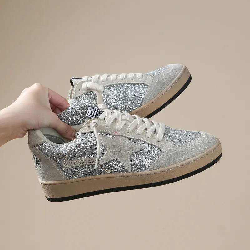 Women Casual Shoes:Korean Version Genuine Leather Fashion Versatile Flat Bottom Sequined hot Star Lace-up Trendy Shoes,Sier,Free shipping