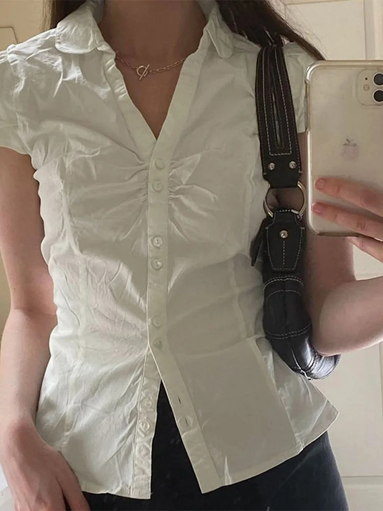 White tie t-shirt y2k womens short sleeved lapel button top retro Harajuku Korean style summer casual t-shirt 250208