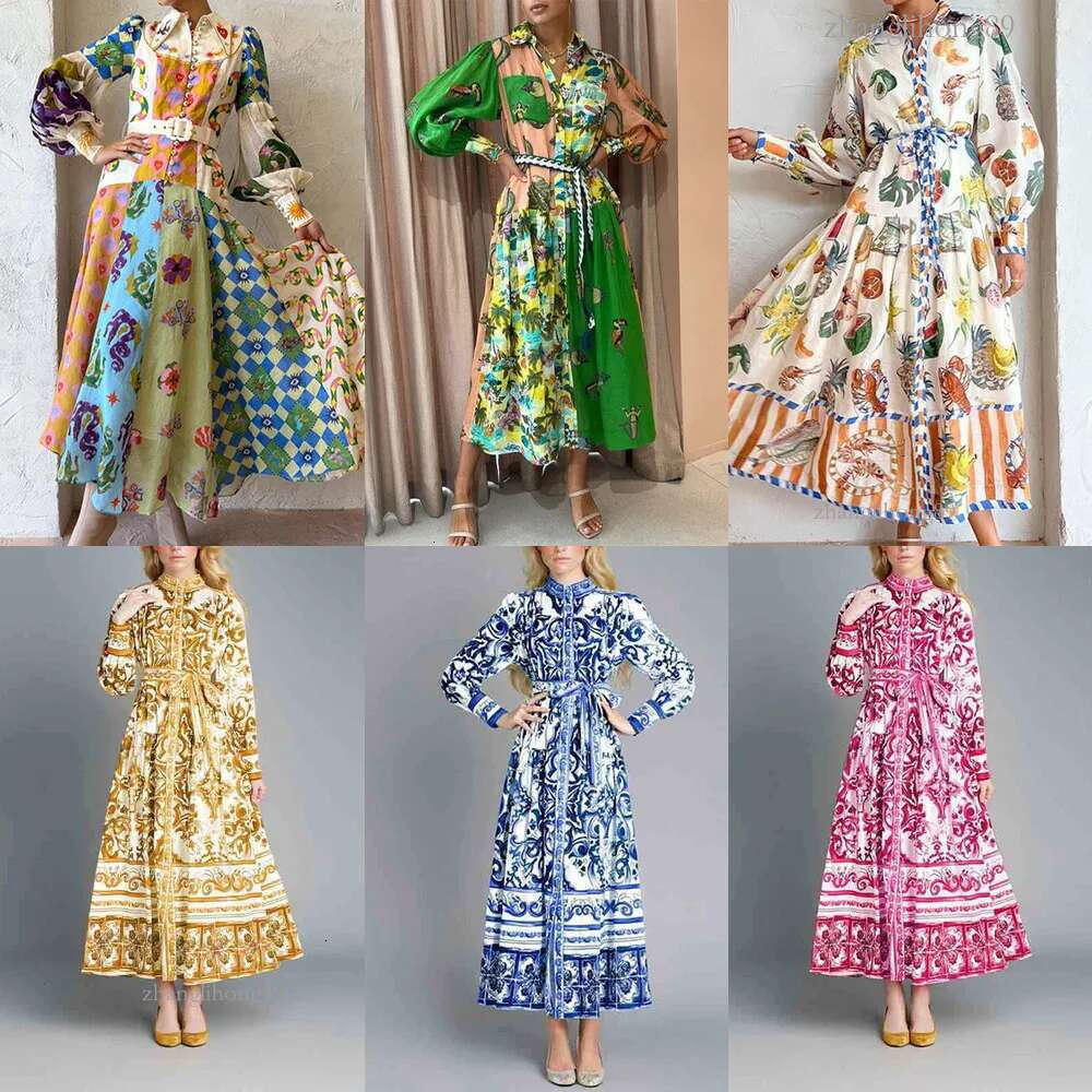 Plus Size S-3XL Elegant Dresses For Woman Fashion Printed Party Designer Dress Women Full Sleeve Lapel Neck High Waist Big Swing Dress