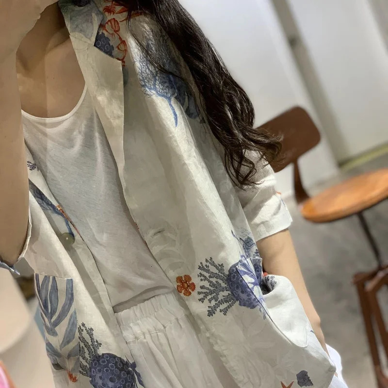 Blazers Women Print Single Button Notched Loose Elegant Stylish Casual All-match Summer Breathable Thin Cool Fashion Daily 250206