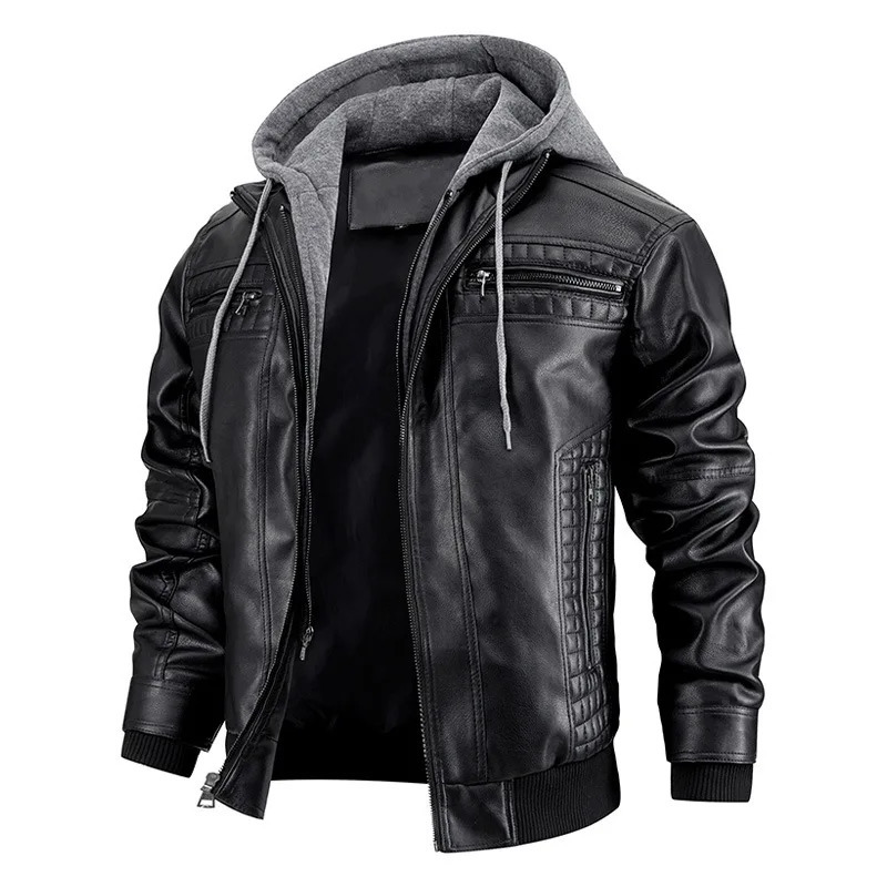 Mens Leather Jacket Motorcycle Slim Fit Hooded PU Coat Top Autumn Winter Casual Windproof Mens Clothing Detachable Hat S-XXXL 250226