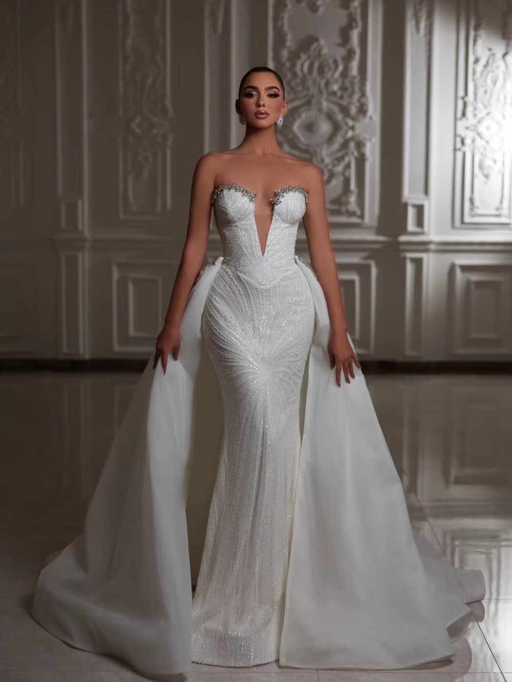 Mermaid Wedding Dress Sweetheart Neck Sleeveless Bridal Gowns Sequins Crystal Detachable Train Dresses Custom Made vestidos de novia