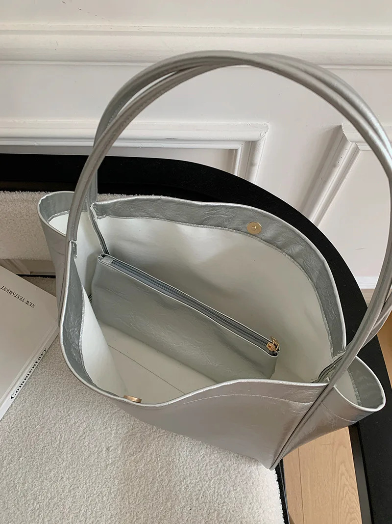 Casual large capacity Commuting women shoulder bags soft pu lady purses and handbags big silver 250207