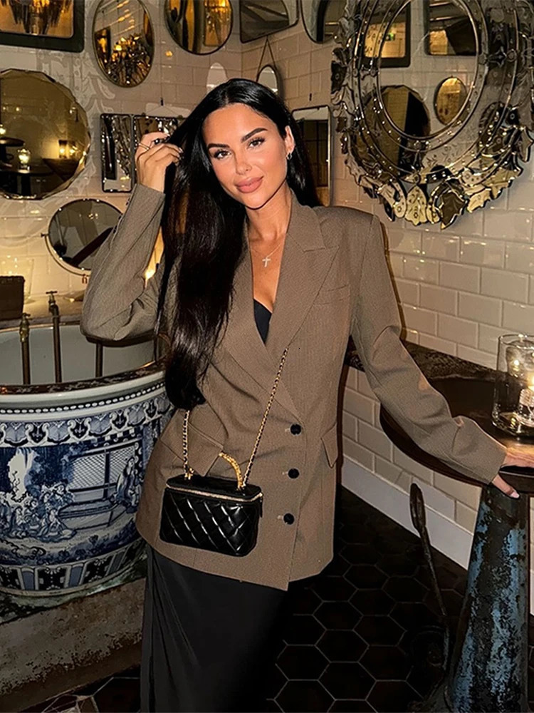 2024 Elegant Womens Jacket Khaki Tartan Print Slim Lapel Buttons Blazer Coat Autumn Casual Long Sleeve Outerwears 250208