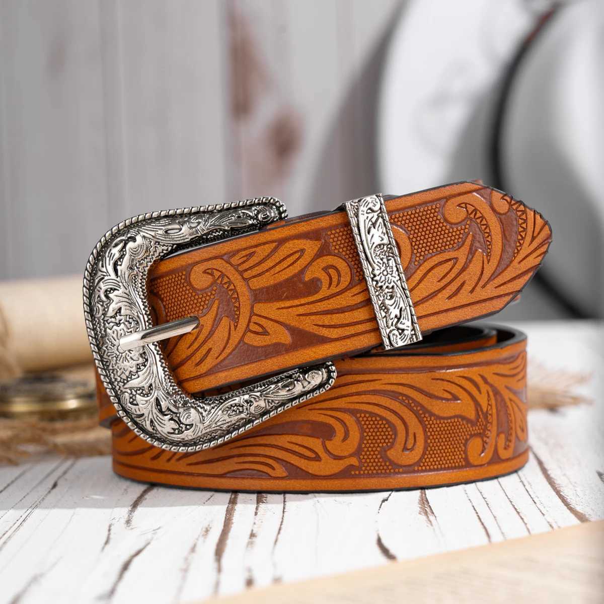Western Cowboy PU Leather Belt - Men Waist Str Bull Decoration Floral Engraved for JeansXJ250210