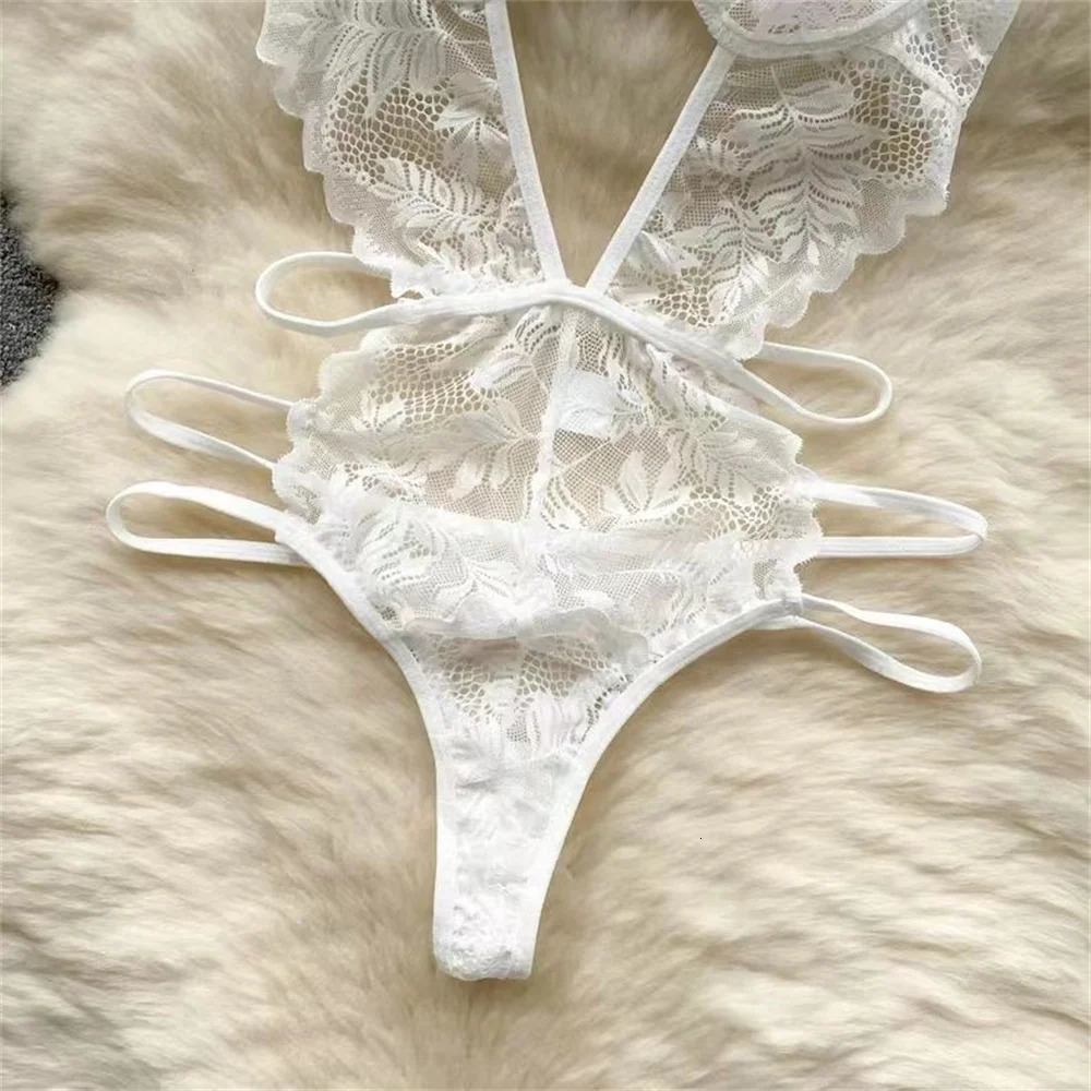 2024 Sexy Transparent Lace Camisole Jumpsuit Hollow Backless Women Pajama Sensual Erotic Ultra Thin Deep v Neck Bodysuit 250210