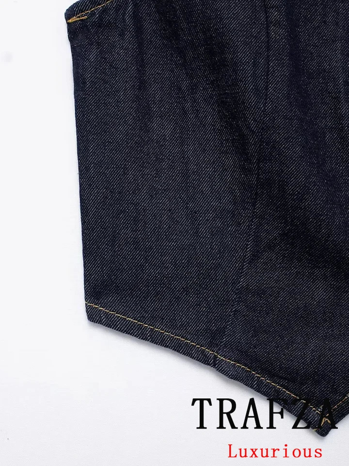 TRAFZA Vintage Office Lady Solid Denim Women Suit V-Neck Single Breasted Vest Straight Loose Pants Fashion Autumn Sets 250210