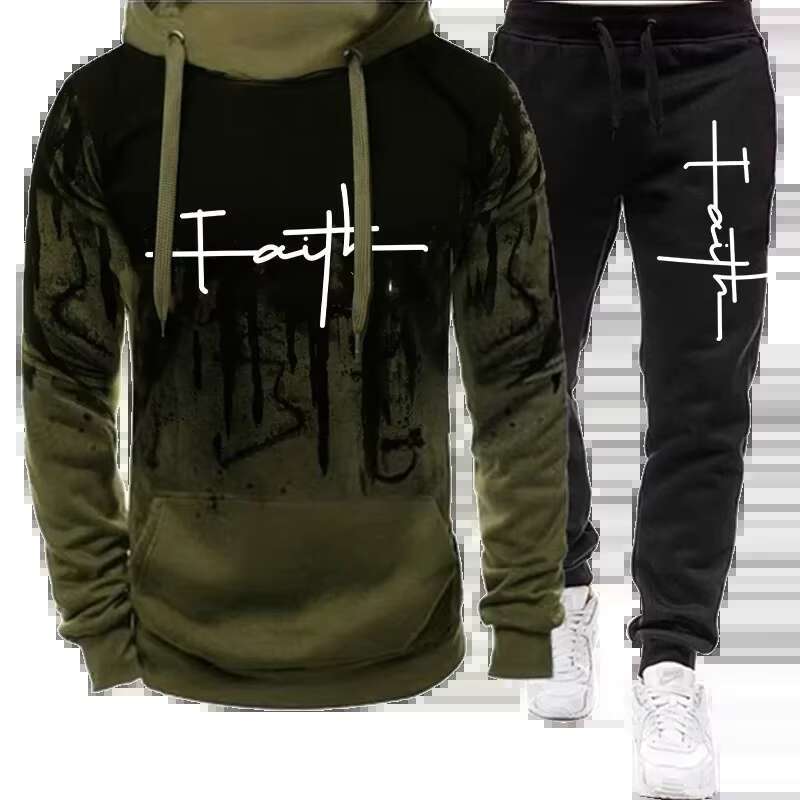 Men's Outerwear Fashion Faith Print Autumn Men's Casual Tracksuit Men Sweatshirts And Sweatpants Two Pieces Sets Sportswear Plus Size Custom