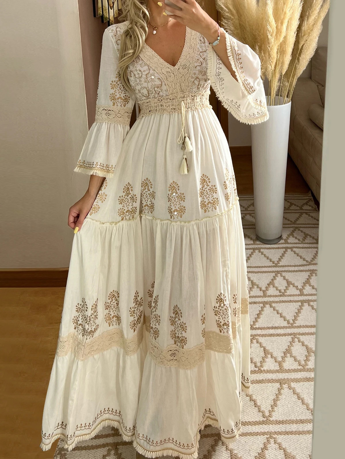 Women Fall Casual Long Dress Floral Print Lace V-Neck Long Sleeve Dress Fashion Holiday Maxi Dress Elegant Classics Versatility 250206