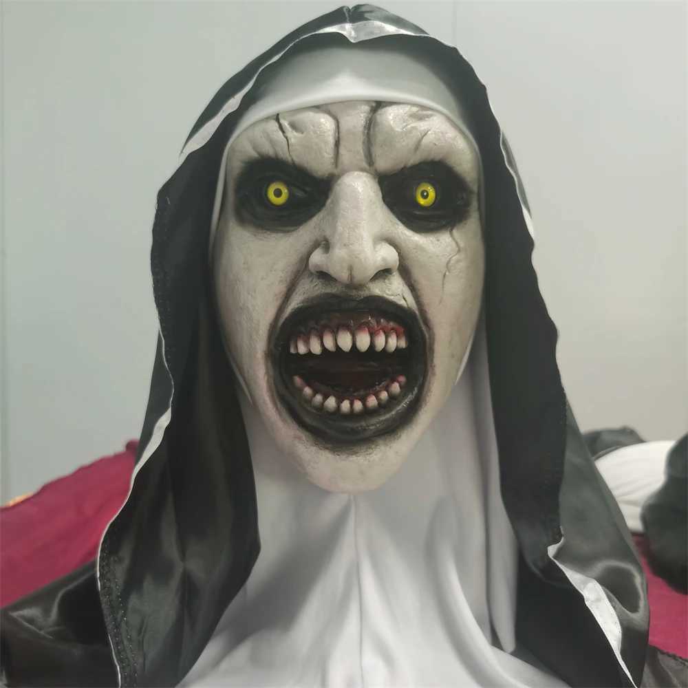 Horror Scary The Nun Latex Mask With Turban Valak Cosplay Halloween Costume Face Masques Prank Prop gear Christmas Gifts Y250210