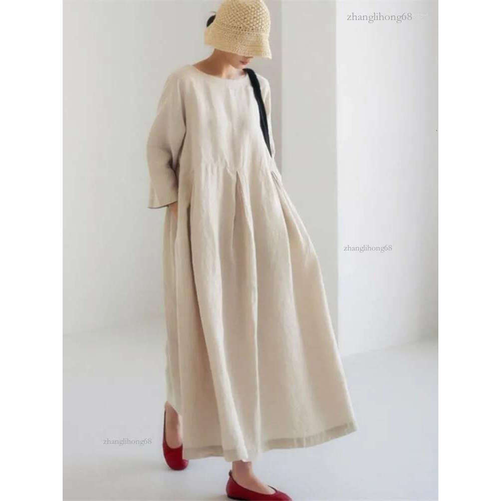 Casual Dresses Loose Maxi Dress 2022 Japanese Korean Cotton Linen O Neck Pullover Solid Long Dess Hem Robe Vestidos Mujer Summer