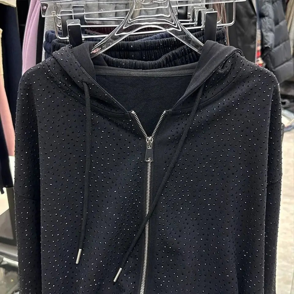 150kg Plus Size L4XL Women Zipup Hoodies Diamond Stamping Long Sleeve Female Hooded Jackets Springautumn Cardigan 250210
