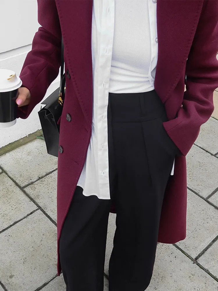 Street Womens Burgundy Woolen Overcoat With Belt Vintage Lapel Double Breasted Long Coat 2024 Autumn Winter Lady Chic Outwear 250109Z