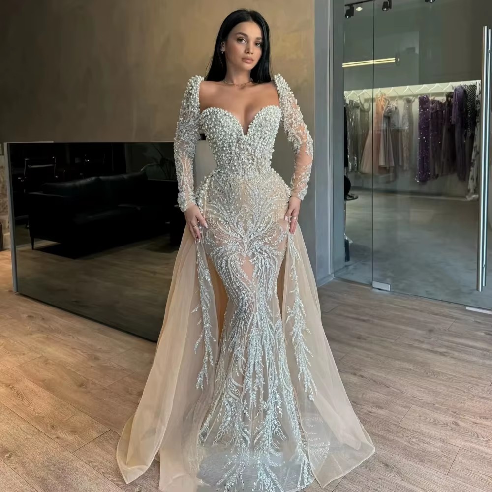 Gorgeous Mermaid Wedding Dress Sweetheart Neck Long Sleeves Bridal Gowns Pearls Sequins Detachable Train Dresses Custom Made vestidos de novia