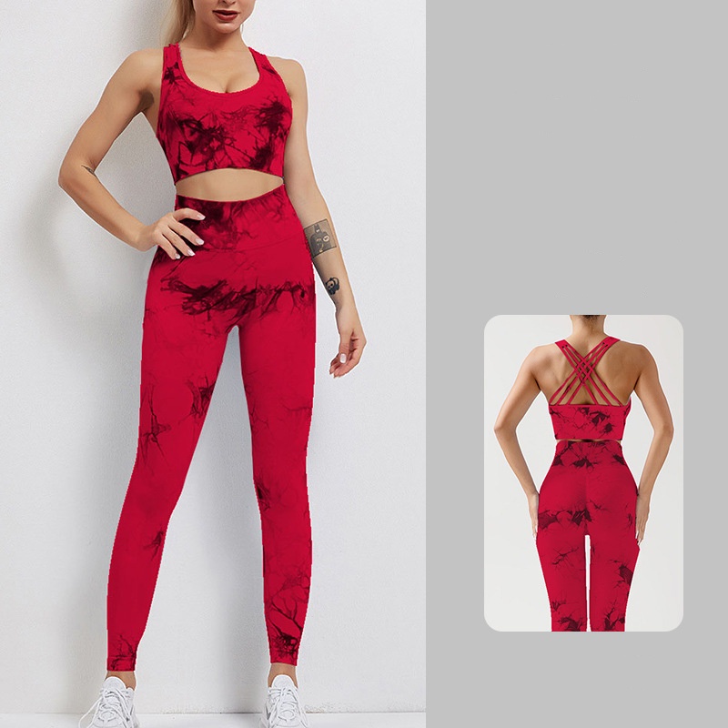 Ladies' European and American Fashion Tie Dyeing Advanced Yoga Set Bra Peach Hip Slimming Casual Pants High Quality Fitness Sportswear