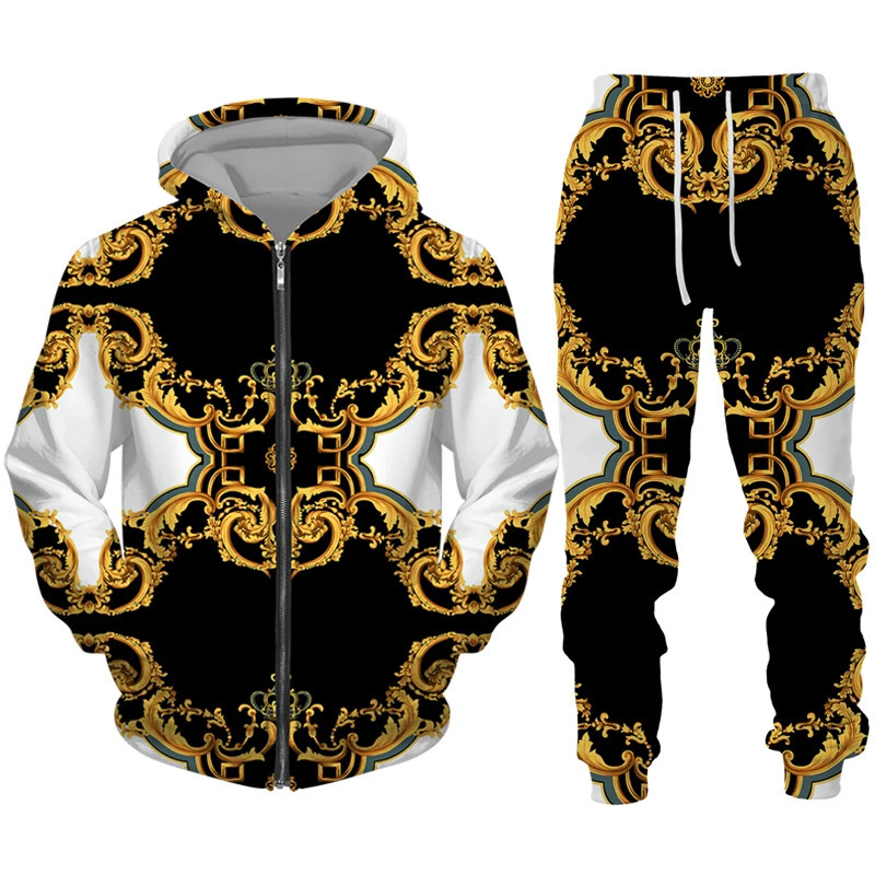 Golden Pattern 3D Print Mens Zipper Tracksuit Set Casual HoodiePants 2pcs Sets Oversized Sweatshirt Fashion Men Clothes 250226
