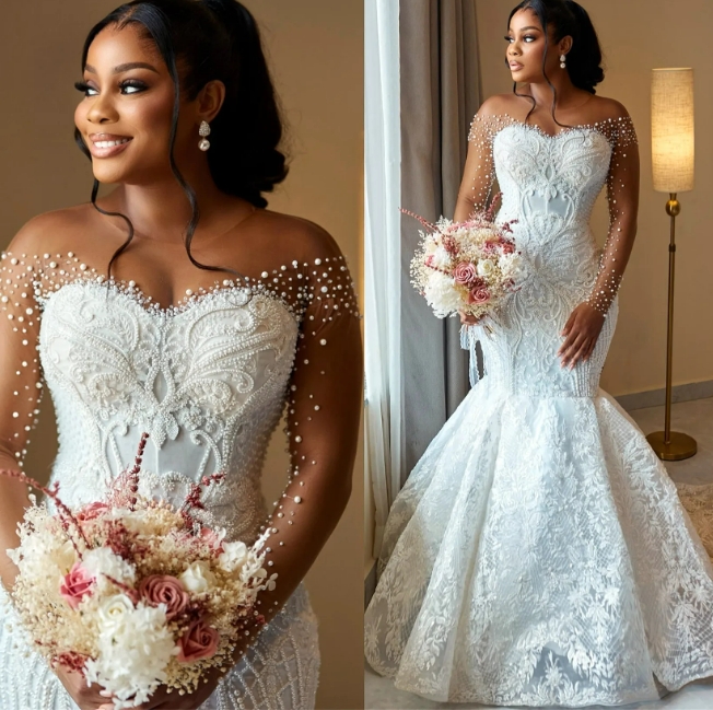 2024 Aso Ebi Mermaid Wedding Dress Bridal Gowns For Bride Sheer Neck Illusion Long Sleeves Appliqued Beaded Pearls Lace Wedding Gowns For Black Women 