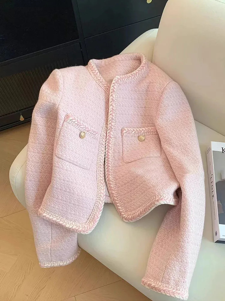 Jmprs Women Sweet Pink Tweed Jackets Elegant Fashion Long Sleeve Patchwork Korean Coat Casual High Quality Open Stitch Outwear 250208