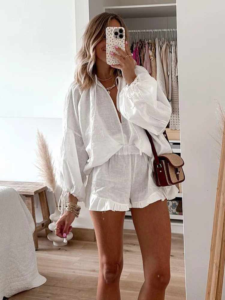Ruffle Hem White Linen Puff Sleeve Shirts Shorts Set Women Casual V Neck Top Short Pants Outfits Lady Beach Vaocation Suits 250120
