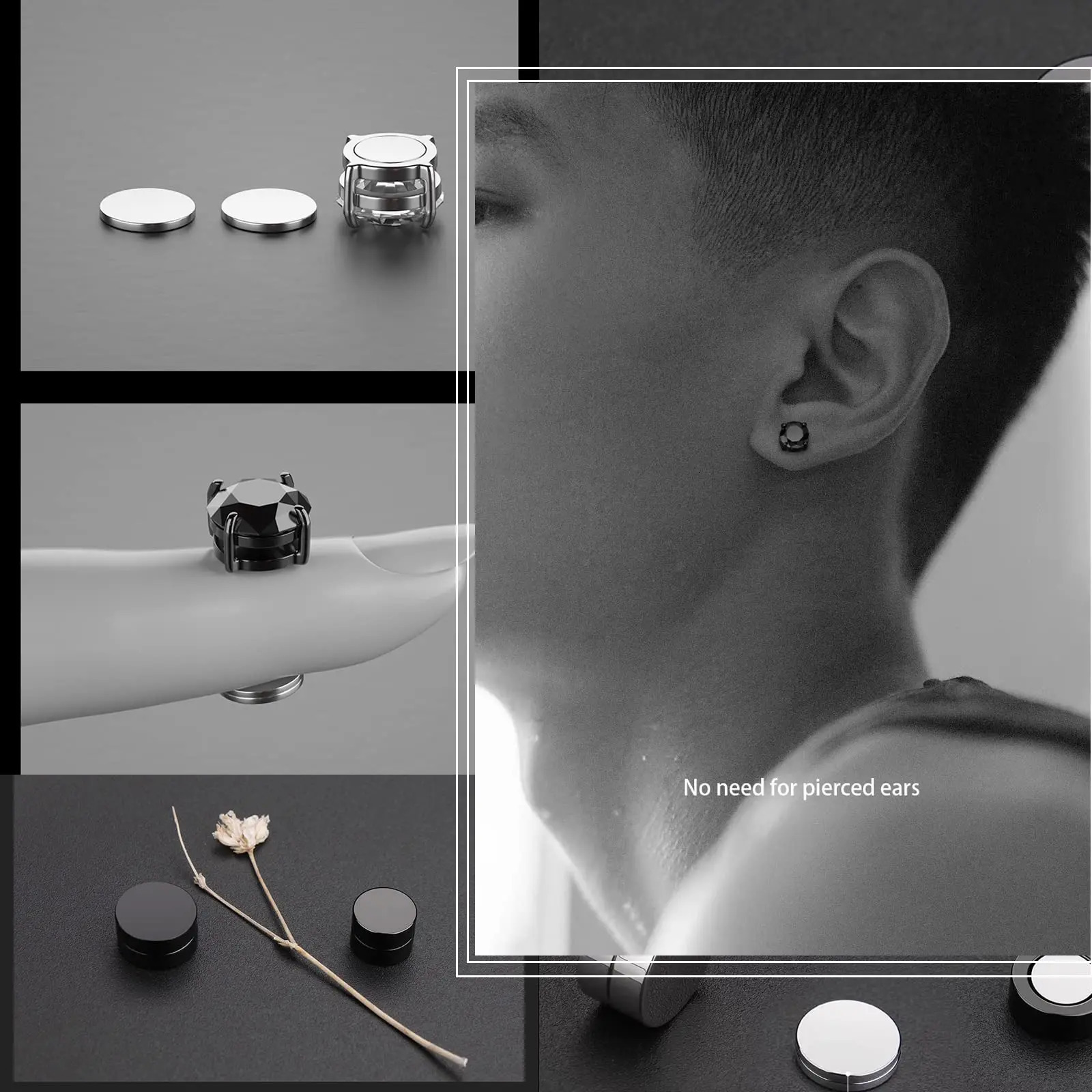 4-12 Pairs Stainless Steel Magnetic Cubic Zirconia Stud Earrings Clip on Non Piercing Hoop Earrings Set for Men Women 250210