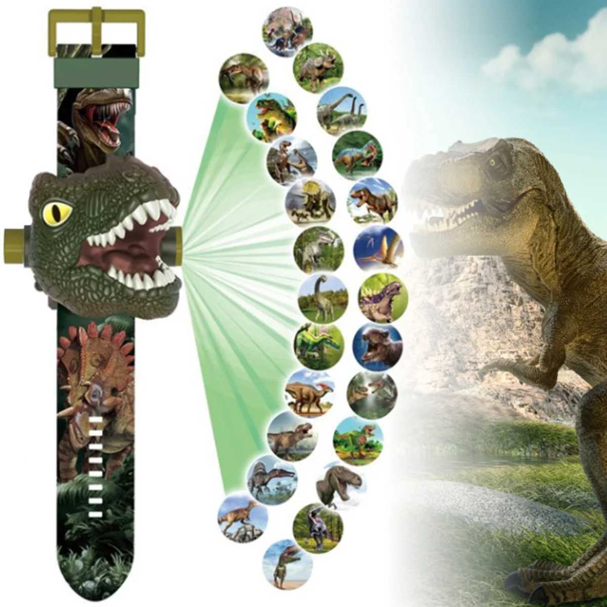 Childrens Dinosaur Project Watch Cartoon Dinosaur Pattern Watch Projector Wrist Education Toy Childrens Boys and Girls W250210