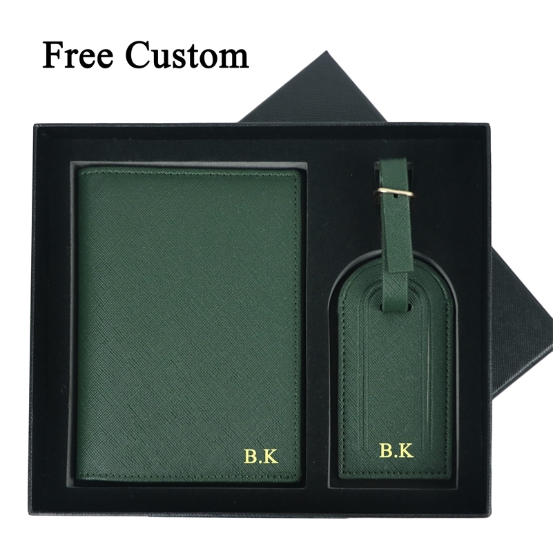 Free Monogrammed Initial Letters Gift Box Set Saffiano Leather Passport Holder Luggage Tag Passport Cover Travel Accessories 250121