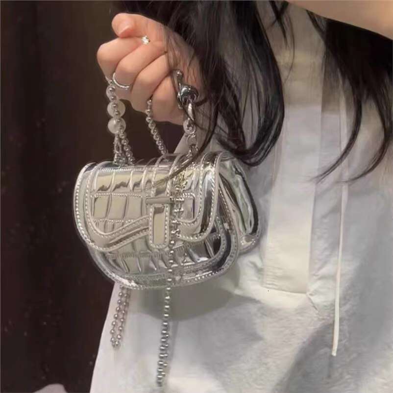 Women's Bags Summer high-end and niche texture pearl chain crossbody mini silver handbag for girls new